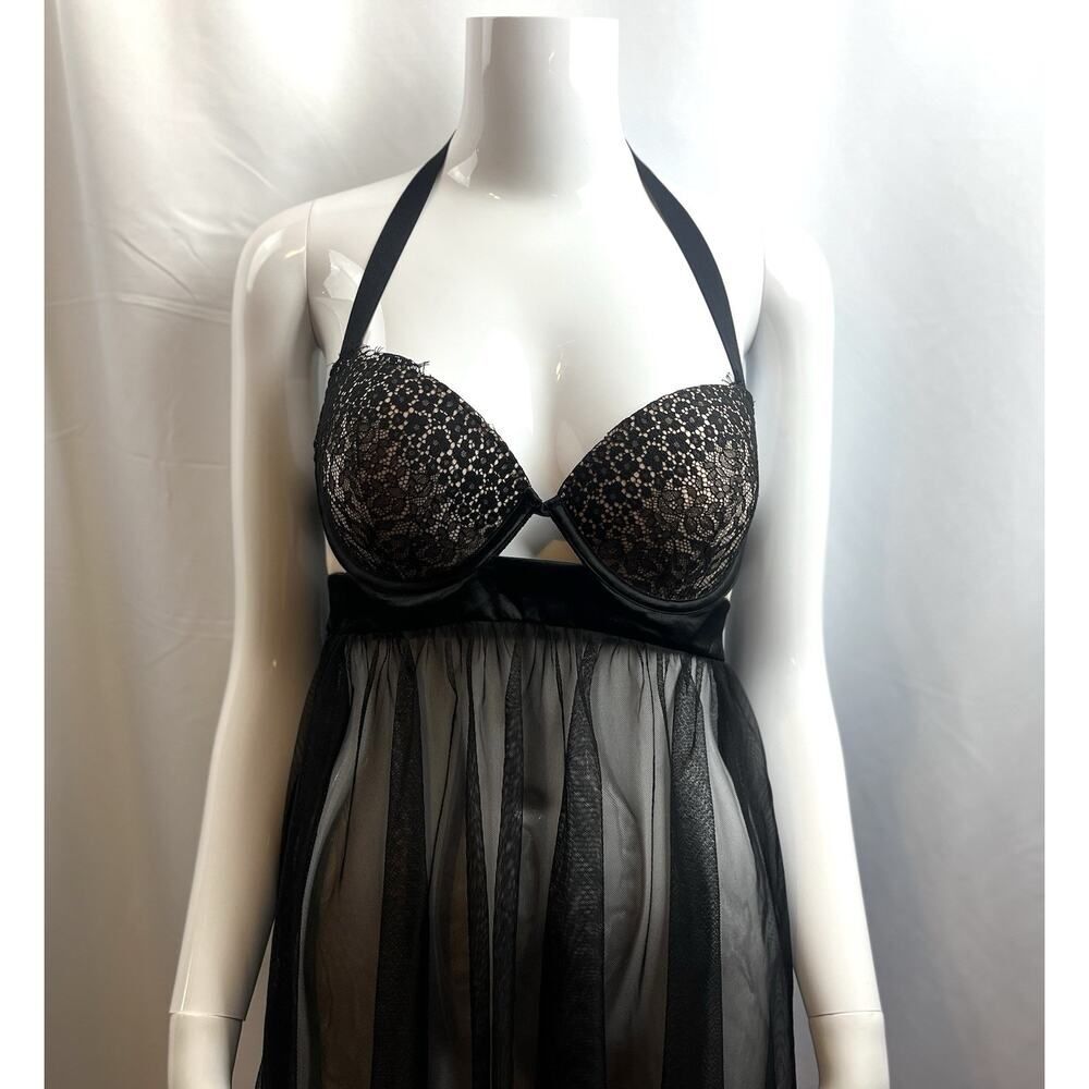 Victoria Secret Babydoll Push Up Black Lace Sheer Flyaway Dress Top Size Medium